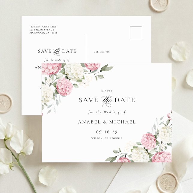 Pink Hydrangea Save the Date Invitation Postcard (Creator Uploaded)