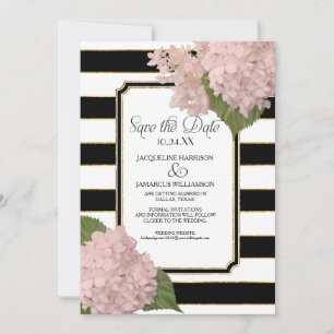 Pink Hydrangea Save the Date Wide Stripe Faux Gold Invitation