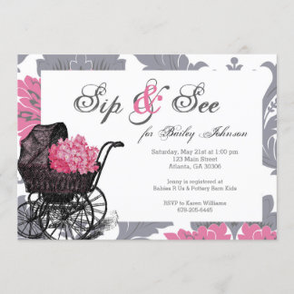 Pink hydrangea Sip and See baby shower invitation