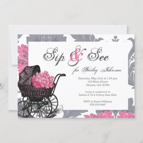 Pink hydrangea Sip and See baby shower invitation