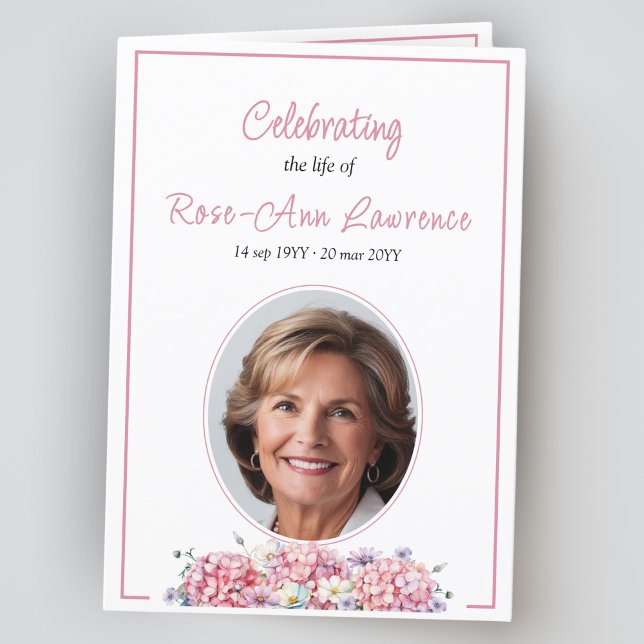 Pink hydrangea summer flowers funeral folded program (Creator Uploaded)