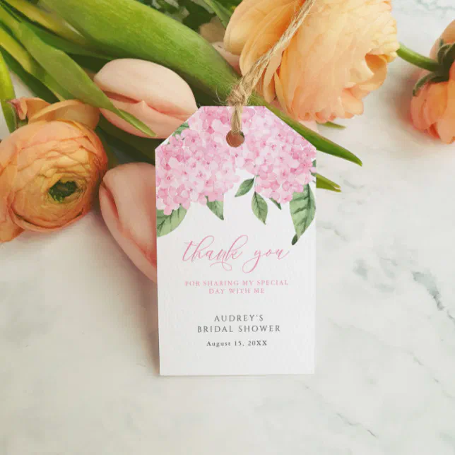 Pink Hydrangea Thank You Customized Bridal Shower Gift Tags | Zazzle