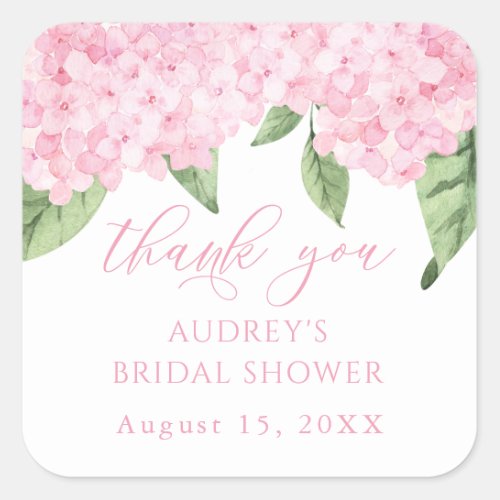 Pink Hydrangea Thank You Customized Bridal Shower Square Sticker