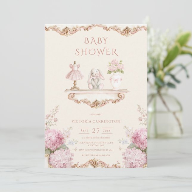 Pink Hydrangea Vintage Baby Shower Invitation (Standing Front)