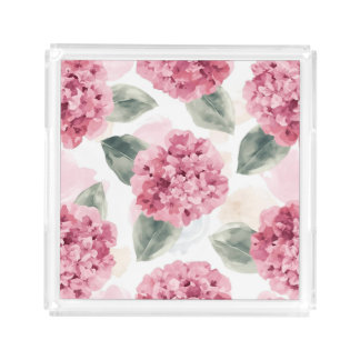 Pink Hydrangea Watercolor Botanical Floral Pattern Acrylic Tray