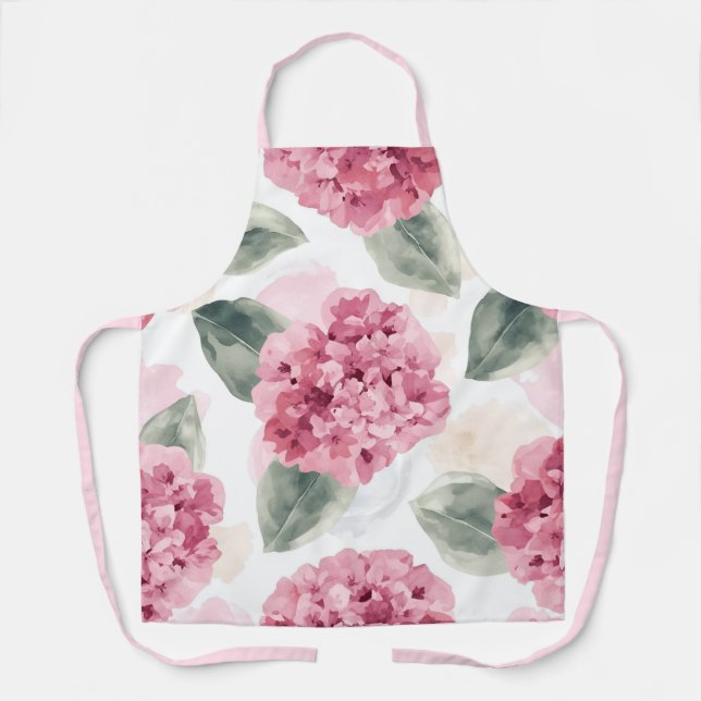 Pink Hydrangea Watercolor Botanical Floral Pattern Apron (Front)
