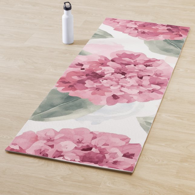 Pink Hydrangea Watercolor Botanical Floral Pattern Yoga Mat (In Situ)
