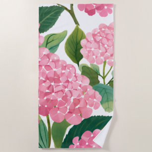Pink Hydrangea Watercolor Floral Coastal Beach Towel