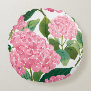 Pink Hydrangea Watercolor Floral Coastal Round Pillow
