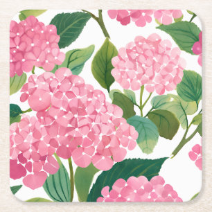 Pink Hydrangea Watercolor Floral Coastal Square Paper Coaster