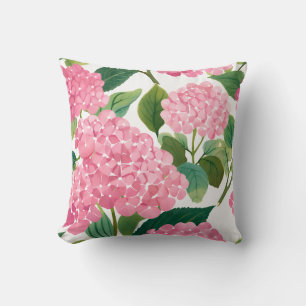 Pink Hydrangea Watercolor Floral Coastal Throw Pillow
