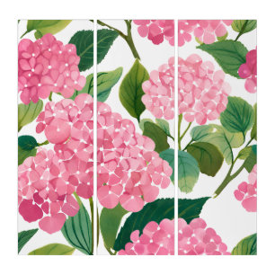 Pink Hydrangea Watercolor Floral Coastal Triptych