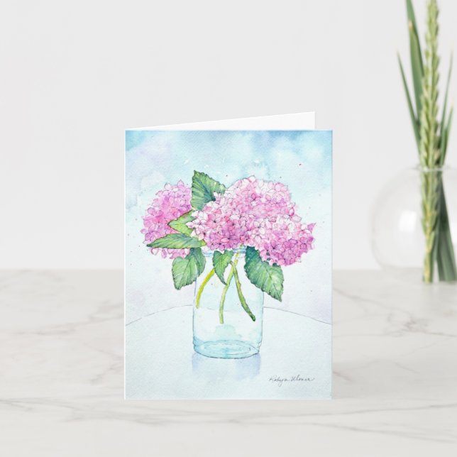 Pink hydrangea watercolor note cards (Front)