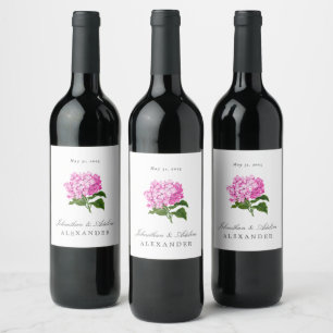 Pink Hydrangea Wedding Date and Names Wine Label