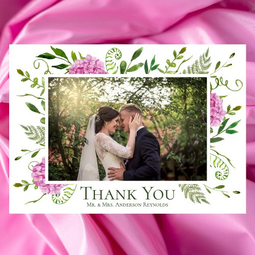 Pink Hydrangea Wedding Photo Thank You Card