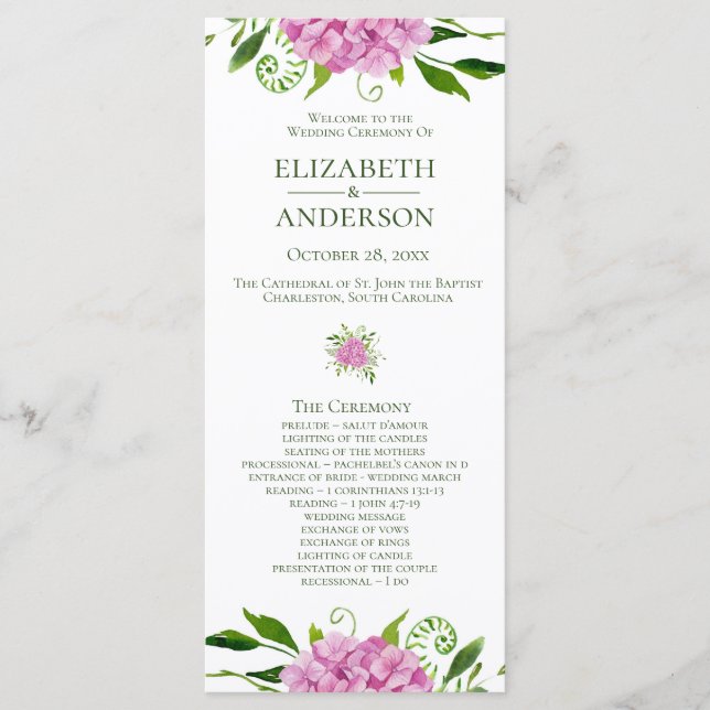 Pink Hydrangea Wedding Program (Front)