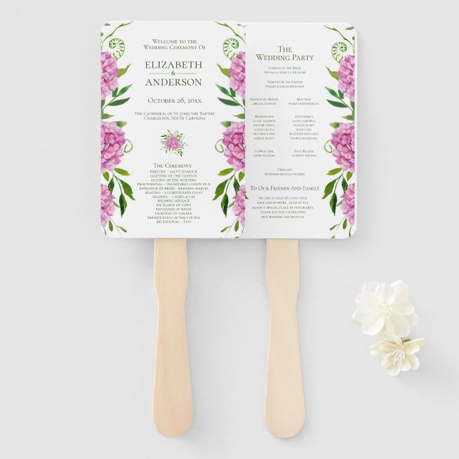 Pink Hydrangea Wedding Program Hand Fan (Front and Back)