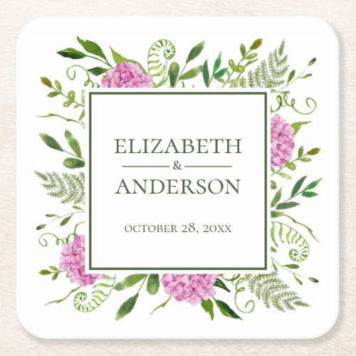 Pink Hydrangea Wedding Square Paper Coaster