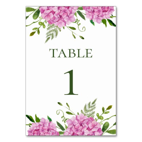 Pink Hydrangea Wedding Table Number