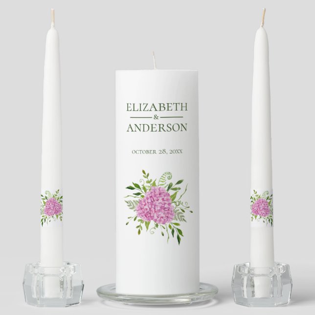 Pink Hydrangea Wedding Unity Candle Set (Front)