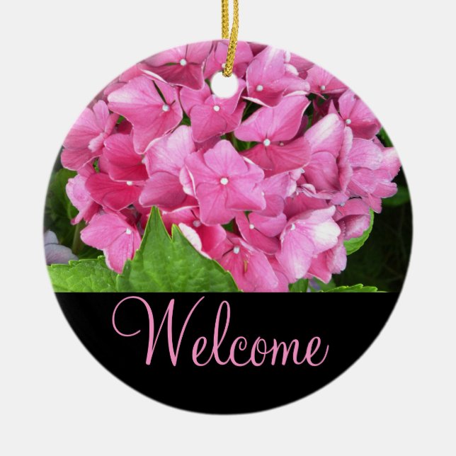 Pink Hydrangea Welcome Door Sign Ceramic Ornament (Front)