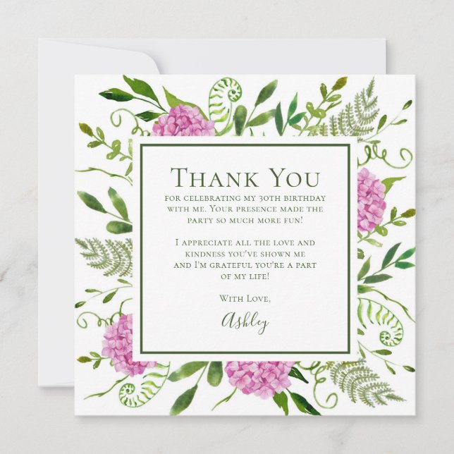 Pink Hydrangeas 30th Birthday  Thank You Card (Front)