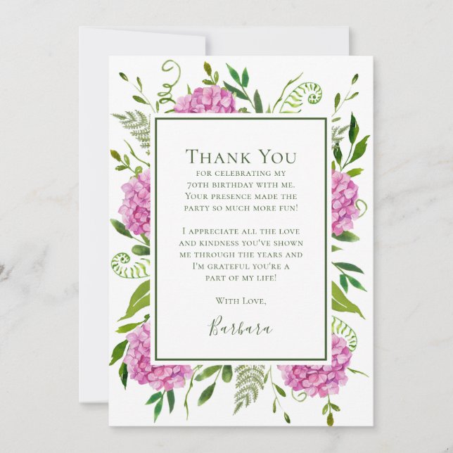 Pink Hydrangeas 70th Birthday  Thank You Card (Front)