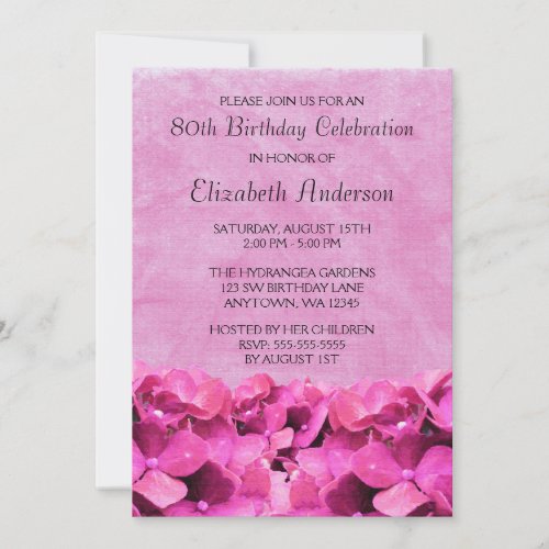 Pink Hydrangeas 80th Birthday Party Invitations