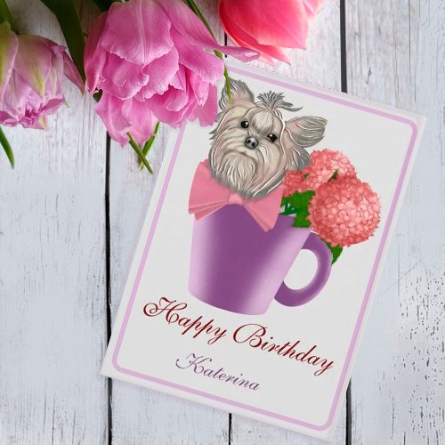 Pink Hydrangeas and Yorkshire Terrier Birthday Announcement
