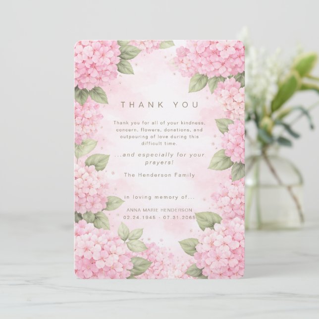Pink Hydrangeas Bereavement Funeral Thank You Card (Standing Front)