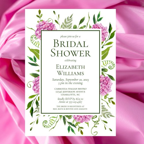 Pink Hydrangeas Bridal Shower Invitation