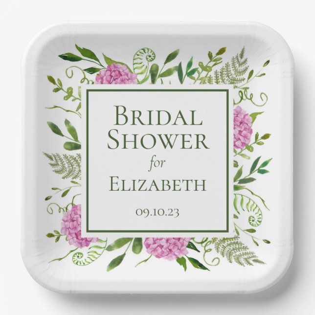 Pink Hydrangeas Bridal Shower Paper Plates (Front)