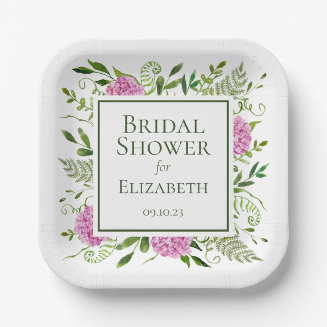 Pink Hydrangeas Bridal Shower Paper Plates (Front)