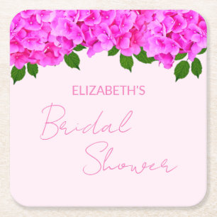 Pink Hydrangeas Bridal Shower Square Paper Coaster
