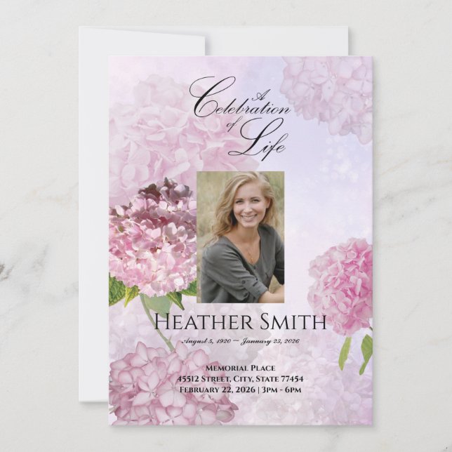 Pink Hydrangeas Celebration of Life Funeral Invitation (Front)