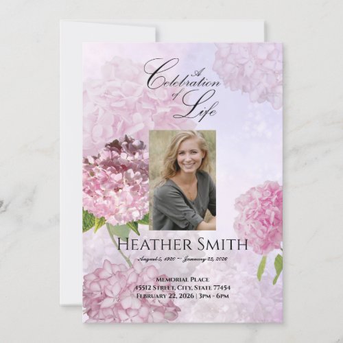 Pink Hydrangeas Celebration of Life Funeral Invitation