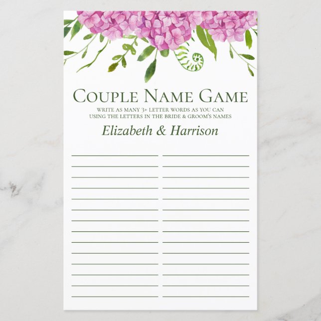Pink Hydrangeas Couple Name Shower Game (Front)