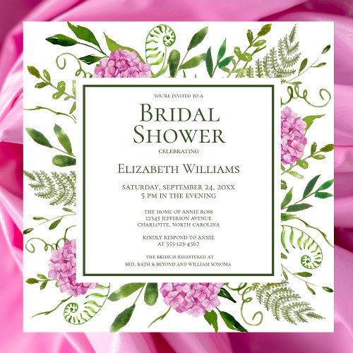 Pink Hydrangeas Floral Watercolor Bridal Shower Invitation
