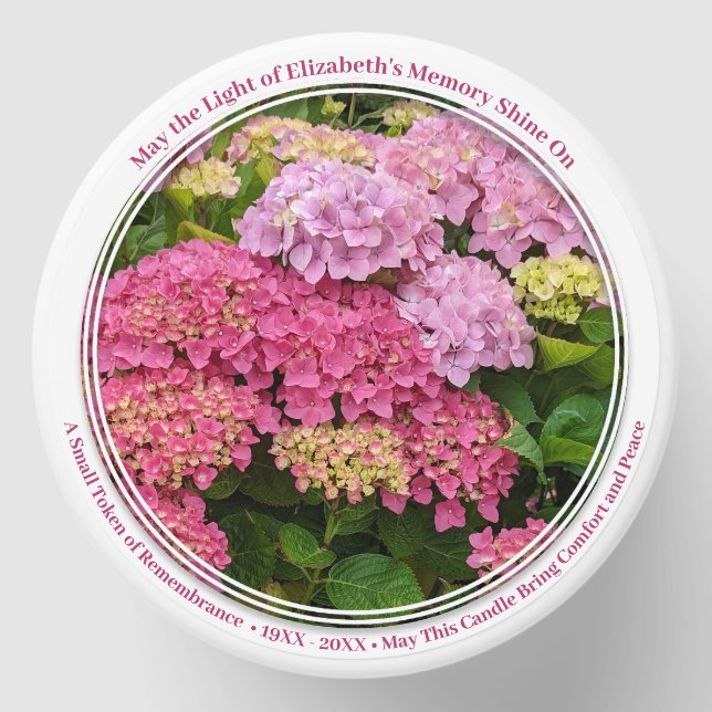 Pink Hydrangeas Flowers Memorial Mini Candle Favors (Front)