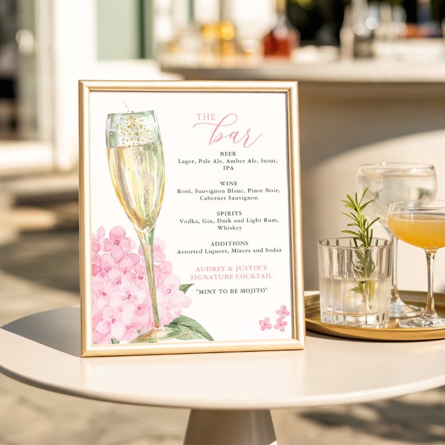 Pink Hydrangeas & Gold Glass Bar Menu Poster (Creator Uploaded)