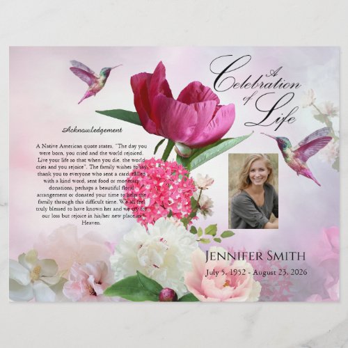 Pink Hydrangeas Hummingbird Funeral Program Flyer