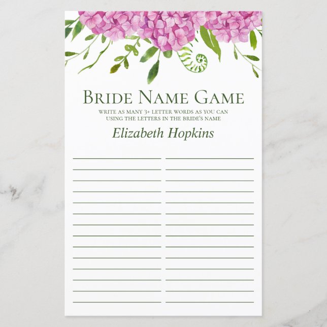 Pink Hydrangeas Name Shower Game (Front)