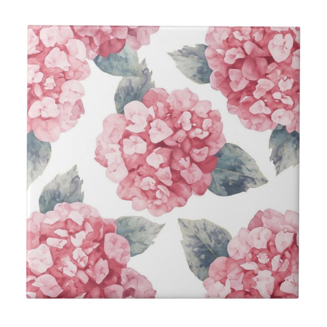 Pink Hydrangeas Watercolor Floral Blooms Painting Ceramic Tile (Front)