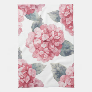 Pink Hydrangeas Watercolor Floral Blooms Painting Kitchen Towel