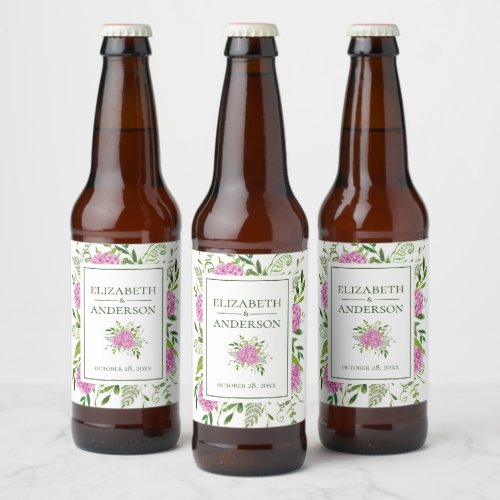 Pink Hydrangeas Watercolor Wedding Beer Bottle Label