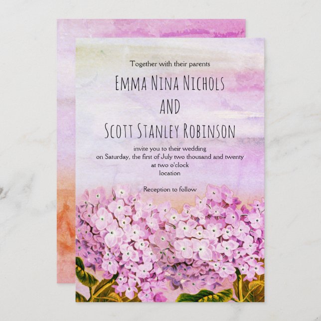 Pink hydrangeas watercolor wedding invitation (Front/Back)