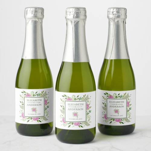 Pink Hydrangeas Watercolor Wedding Sparkling Wine Label