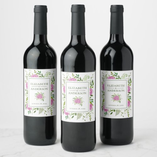 Pink Hydrangeas Watercolor Wedding Wine Label