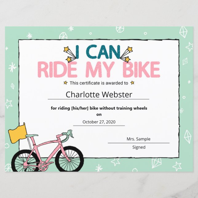 Pink I can Ride My Bike Milestone Certificate (Front)