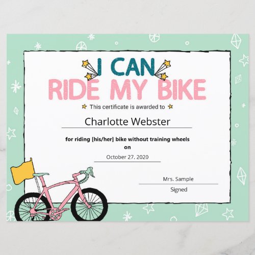 Pink I can Ride My Bike Milestone Certificate